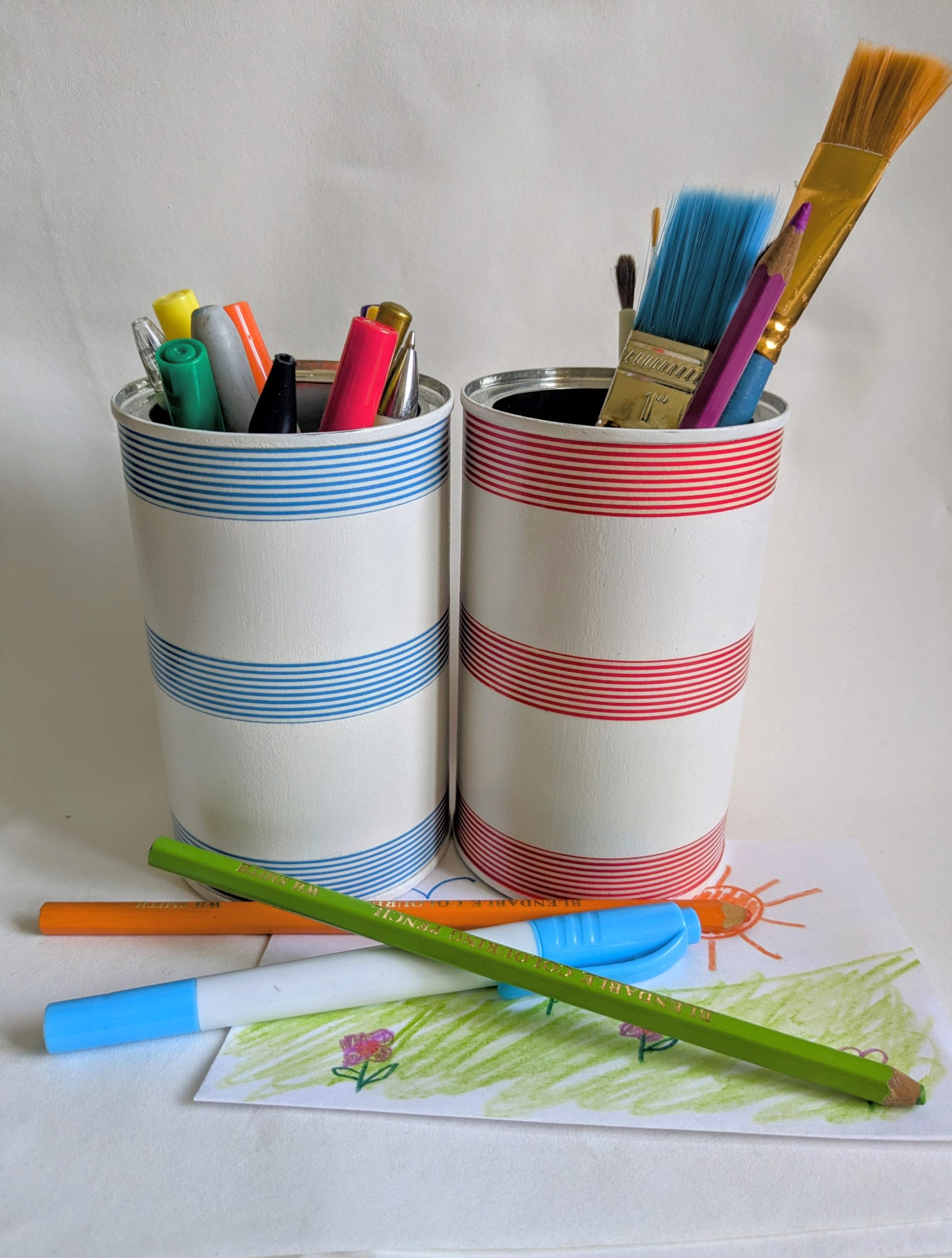 Striped storage tin. Upcycled, hand decorated
