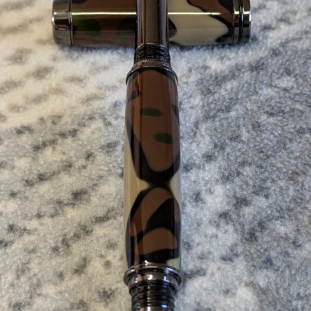 Acrylic Jr Gentleman-style fountain pen made from camouflage coloured acrylic with gun metal fitting
