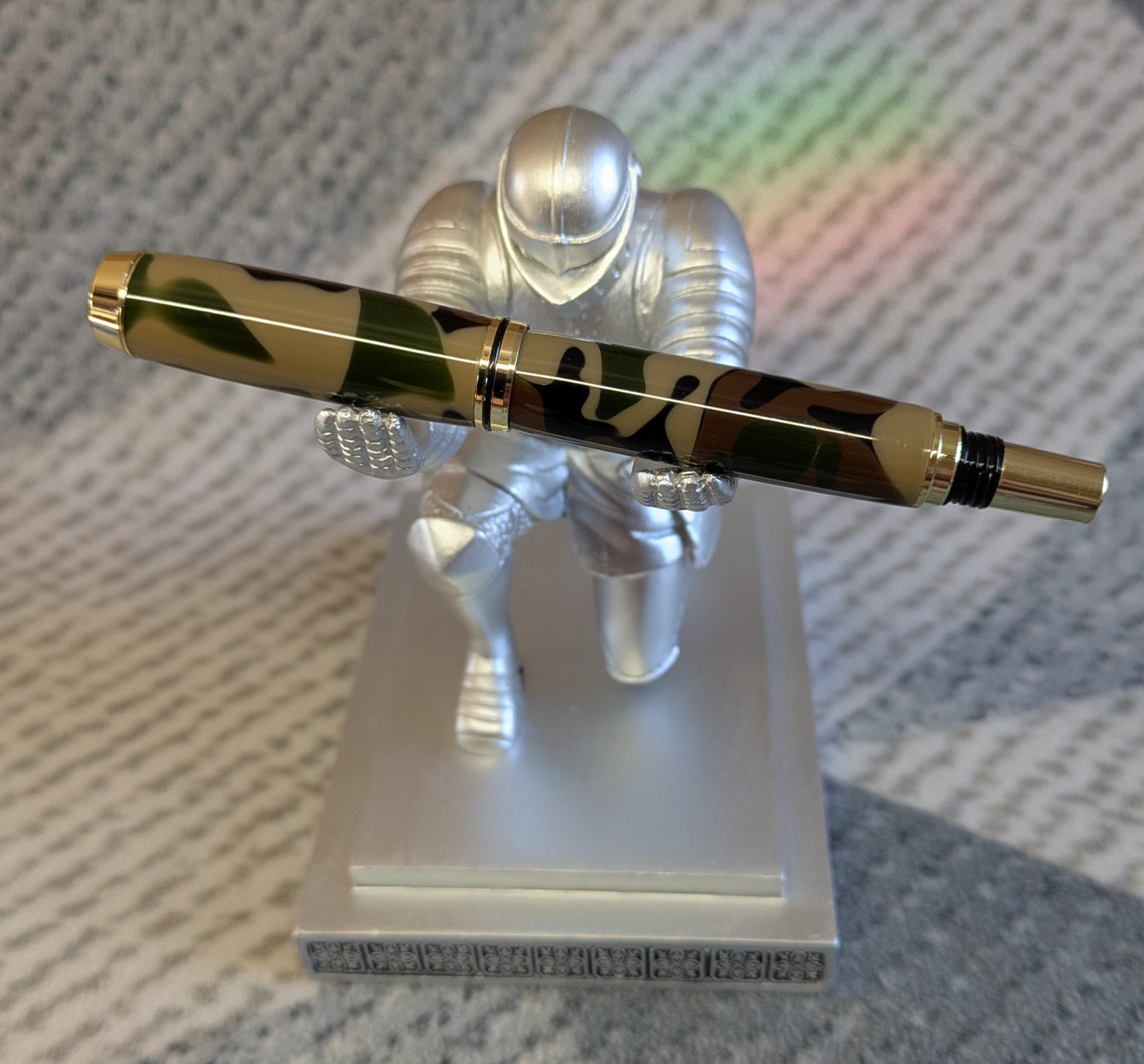 Acrylic Jr Gentleman-style fountain pen made from camouflage coloured acrylic with gold fittings