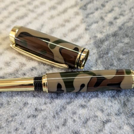 Acrylic Jr Gentleman-style fountain pen made from camouflage coloured acrylic with gold fittings