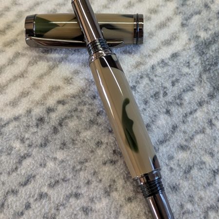 Jr Gentleman-style rollerball pen made from camouflage coloured acrylic with gun metal fitting