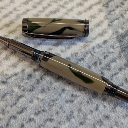 Jr Gentleman-style rollerball pen made from camouflage coloured acrylic with gun metal fitting