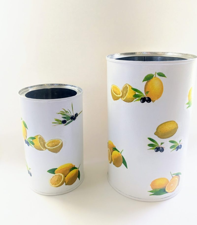Lemons hand decorated storage tin / utensil / cutlery holder