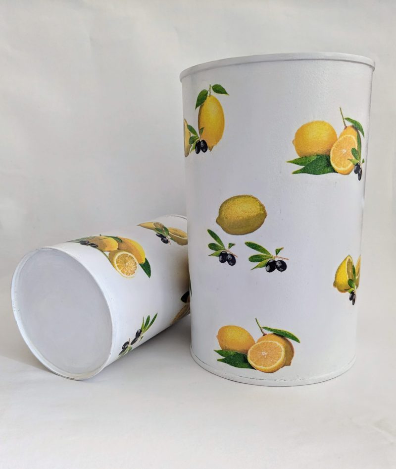 Lemons hand decorated storage tin / utensil / cutlery holder