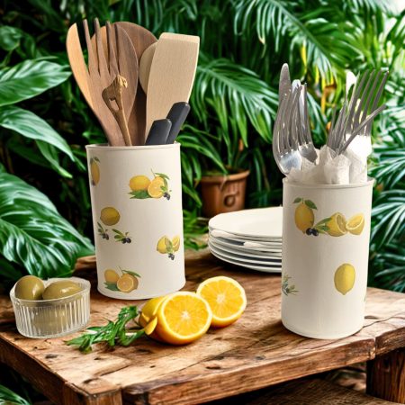 Lemons hand decorated storage tin / utensil / cutlery holder