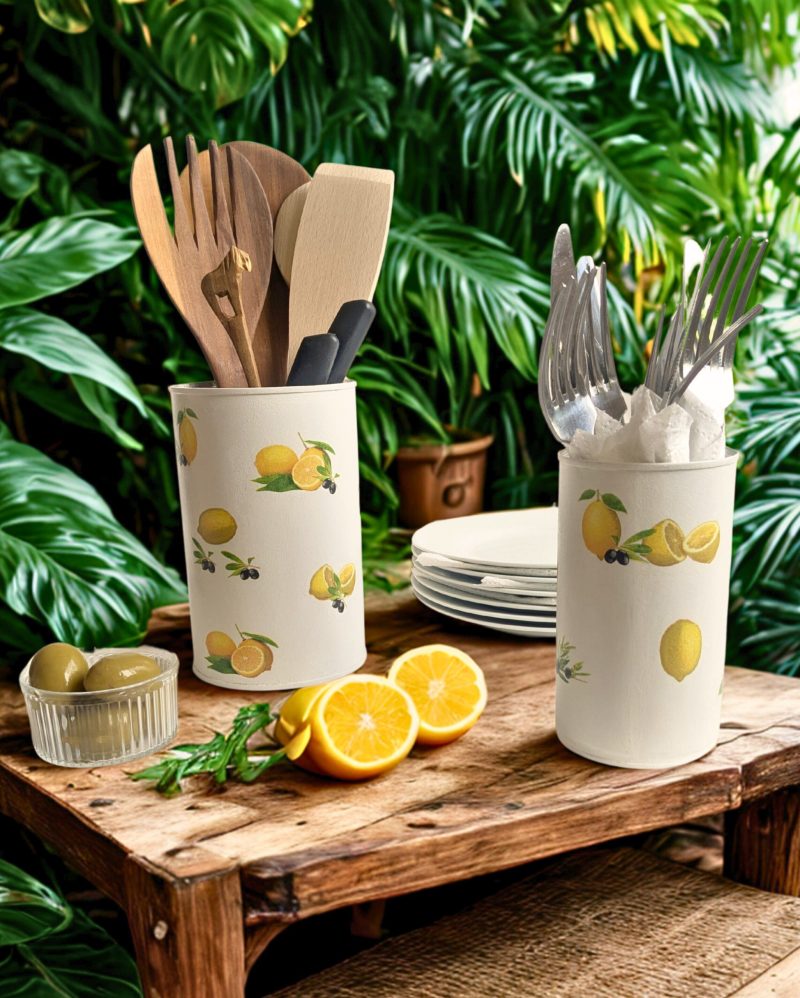 Lemons hand decorated storage tin / utensil / cutlery holder