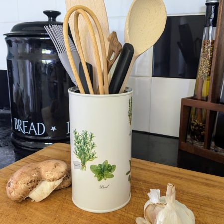 Herbs hand decorated storage tin / utensil holder