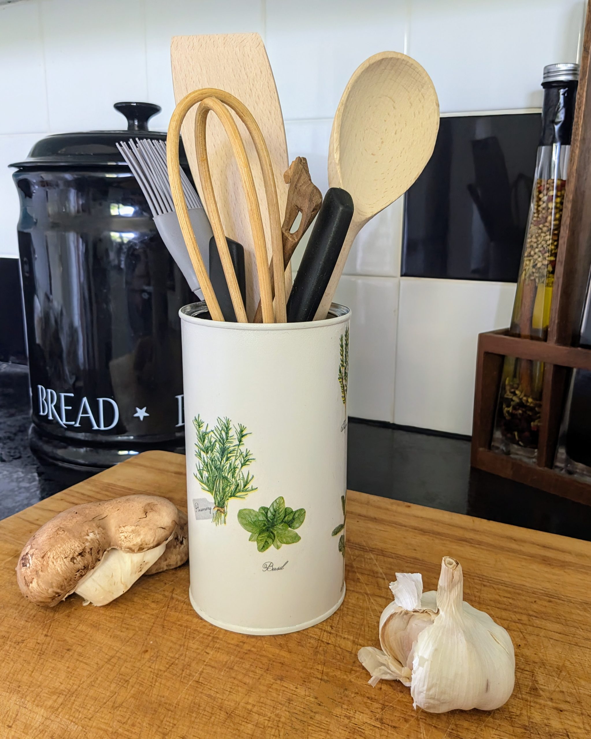 Herbs hand decorated storage tin / utensil holder