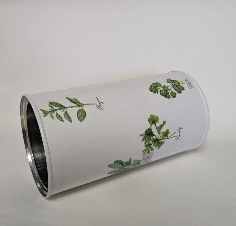 Herbs hand decorated storage tin / utensil holder