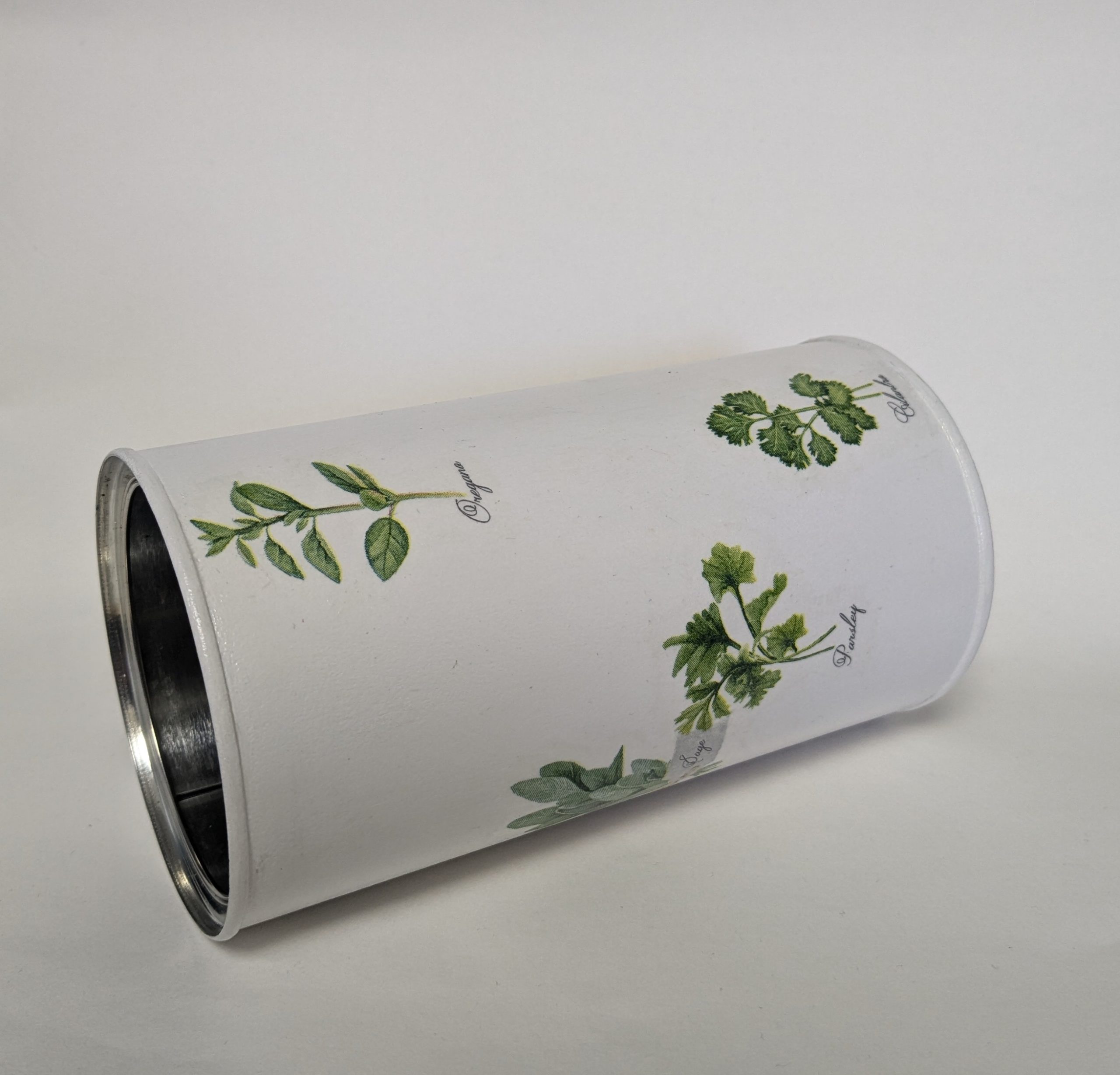 Herbs hand decorated storage tin / utensil holder