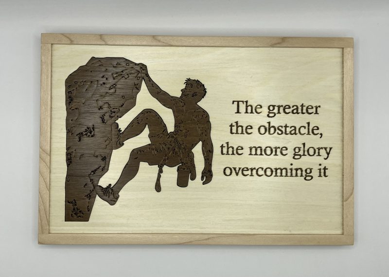 Climber Engraved in Walnut Veneer on Maple, Framed