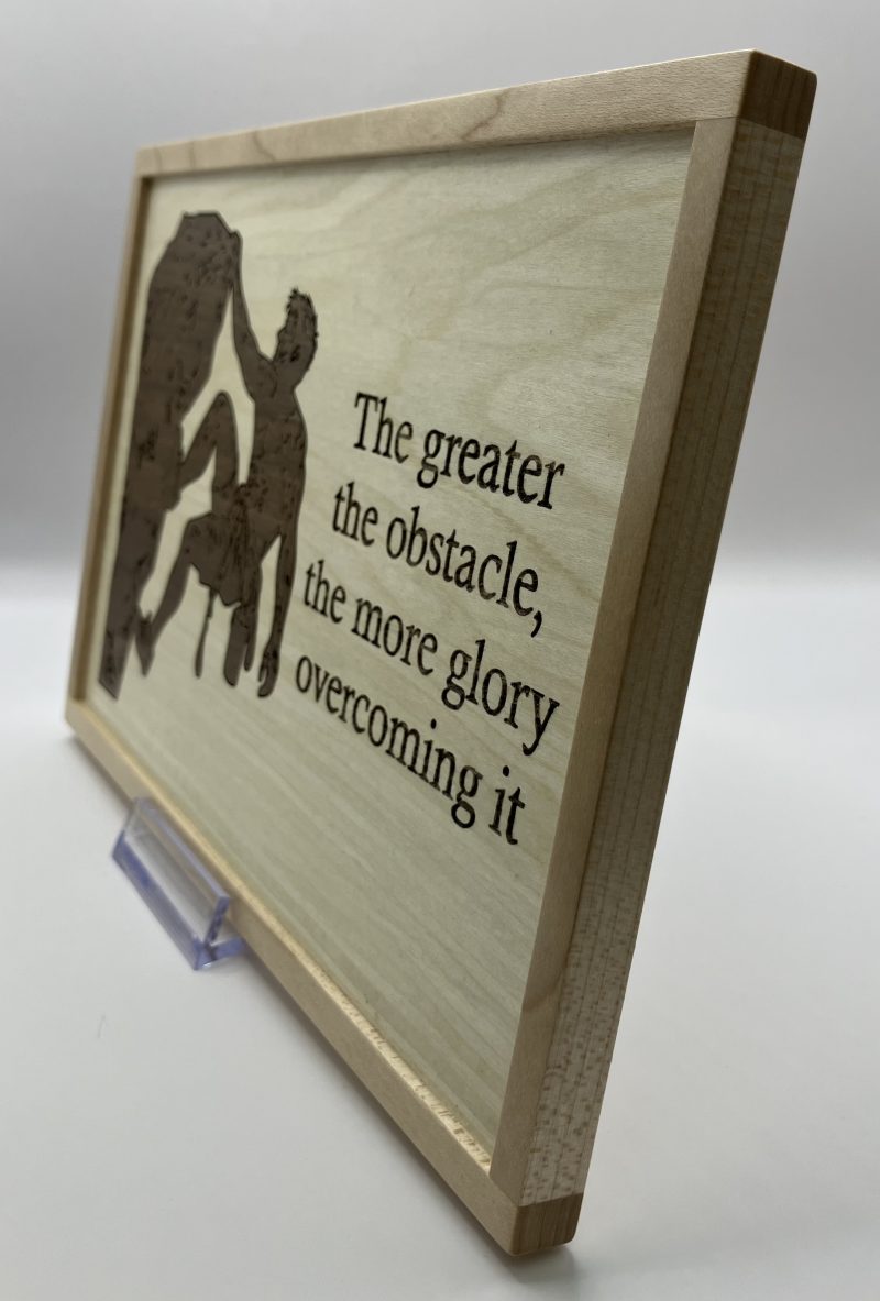 Climber Engraved in Walnut Veneer on Maple, Framed