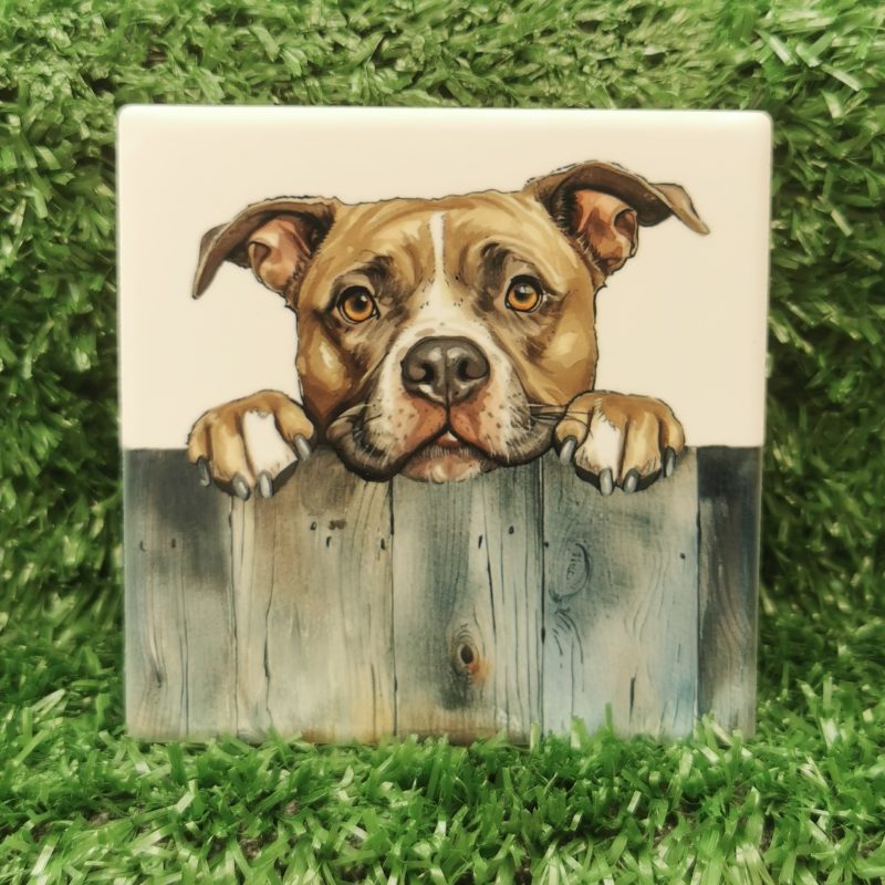 Peeking Staffordshire Bull Terrier Dog Ceramic Coaster, Gift Idea