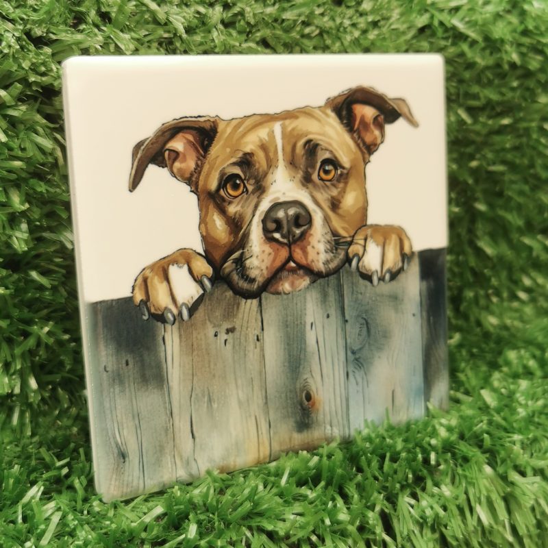 Peeking Staffordshire Bull Terrier Dog Ceramic Coaster, Gift Idea