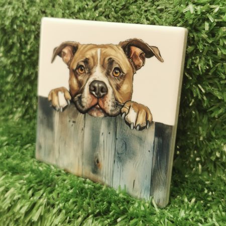 Peeking Staffordshire Bull Terrier Dog Ceramic Coaster, Gift Idea