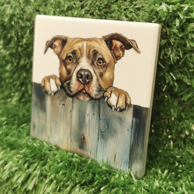 Peeking Staffordshire Bull Terrier Dog Ceramic Coaster, Gift Idea