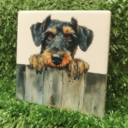 Peeking Airdale Terrier Dog Ceramic Coaster, Gift Idea