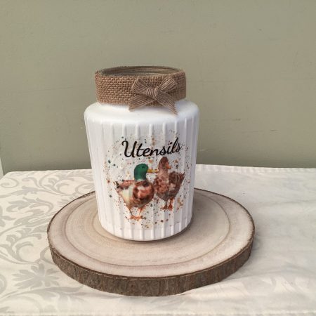 Handmade Decoupaged Glass Jar with Duck Design for Utensils