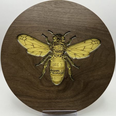 Beautiful Circular Walnut Veneer with Engraved Bee filled with Yellow Resin, Wall Hanging