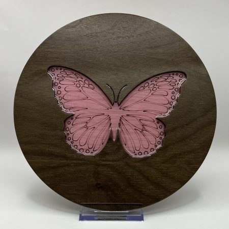 Gorgeous Circular Walnut Veneer Engraved with a Butterfly, filled with pink Resin