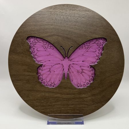 Gorgeous Circular Walnut Veneer with Engraved Butterfly filled with Purple Resin
