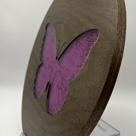 Gorgeous Circular Walnut Veneer with Engraved Butterfly filled with Purple Resin