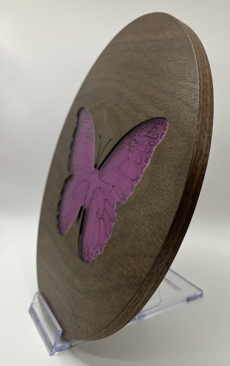 Gorgeous Circular Walnut Veneer with Engraved Butterfly filled with Purple Resin