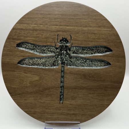 Gorgeous Circular Walnut Veneer Engraved with a Dragonfly infilled with blue/green resin