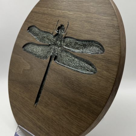 Gorgeous Circular Walnut Veneer Engraved with a Dragonfly infilled with blue/green resin
