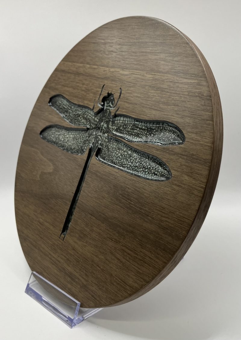 Gorgeous Circular Walnut Veneer Engraved with a Dragonfly infilled with blue/green resin