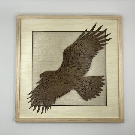 Stunning Eagle in Flight Engraved in Walnut Veneer onto Maple and framed, Wall Hanging