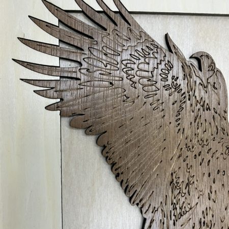 Stunning Eagle in Flight Engraved in Walnut Veneer onto Maple and framed, Wall Hanging