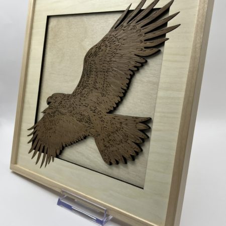 Stunning Eagle in Flight Engraved in Walnut Veneer onto Maple and framed, Wall Hanging