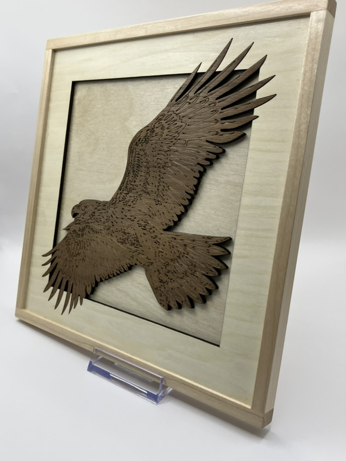 Stunning Eagle in Flight Engraved in Walnut Veneer onto Maple and framed, Wall Hanging