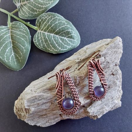 Dangly wire weave earrings with amethyst beads.