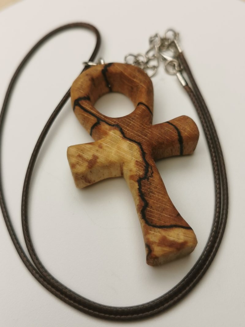 Hand Carved Spalted Beech Wooden Cross Necklace