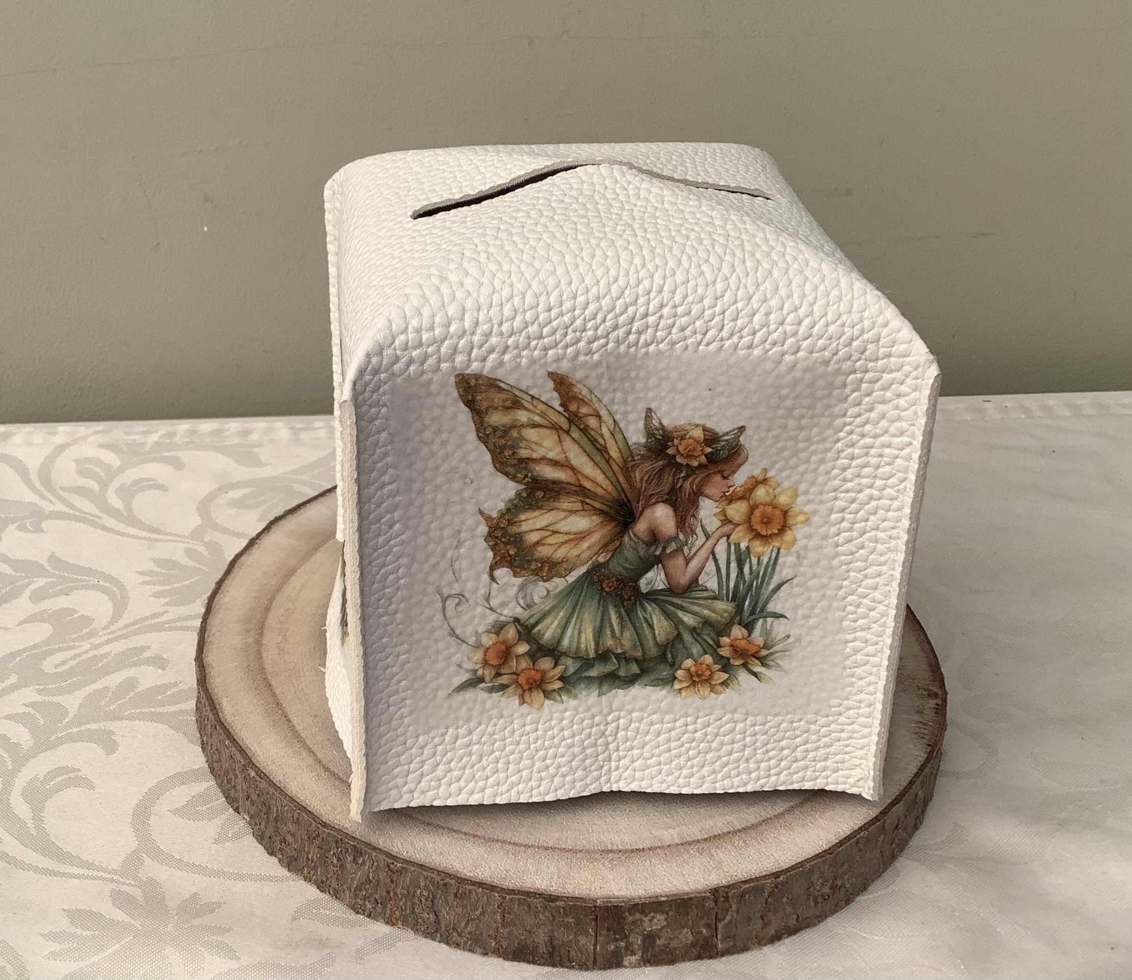 Decoupage Faux Leather Tissue Box Holder with Fairy Design, Includes Tissues