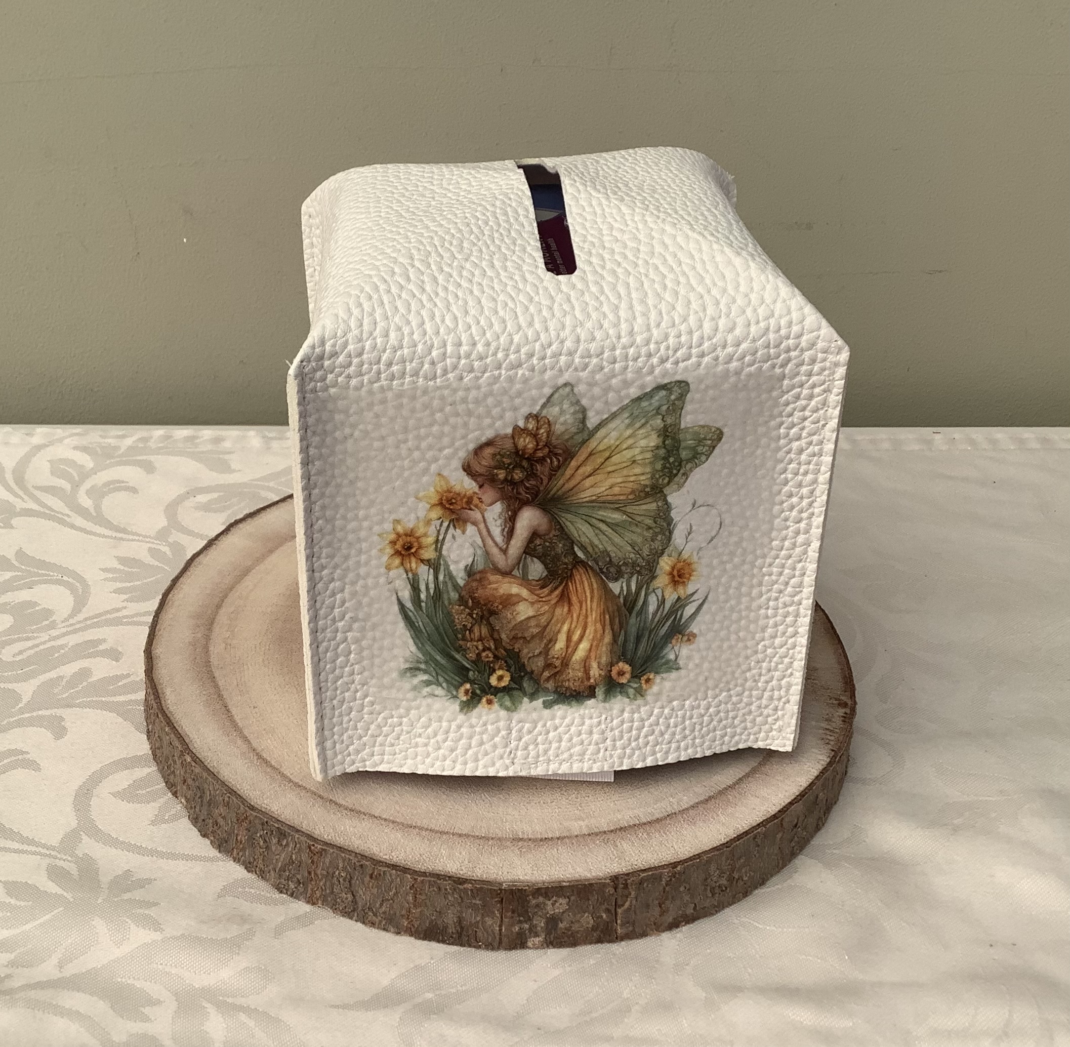 Decoupage Faux Leather Tissue Box Holder with Fairy Design, Includes Tissues