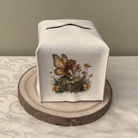 Decoupage Faux Leather Tissue Box Holder with Fairy Design, Includes Tissues