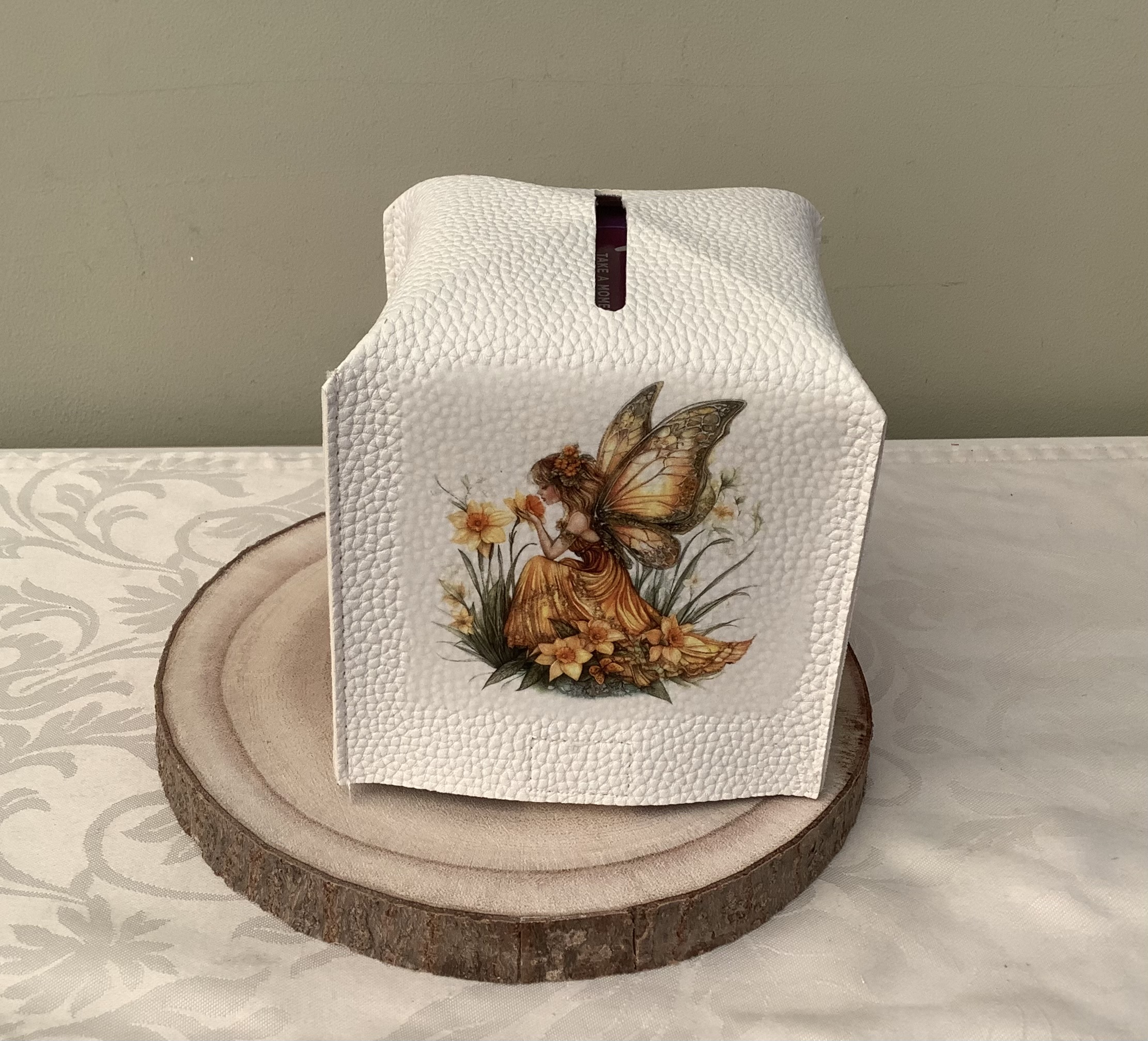 Decoupage Faux Leather Tissue Box Holder with Fairy Design, Includes Tissues