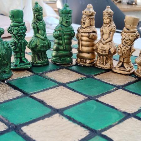 Chess Set, Alice in Wonderland Theme. Handmade to order in wide choice of colours