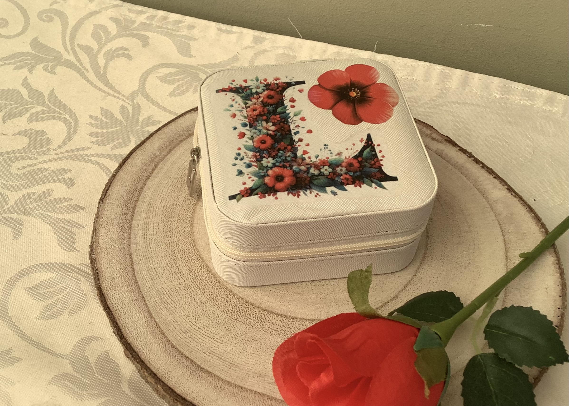 Travel Jewellery Case with Letter L and Floral Decoupage