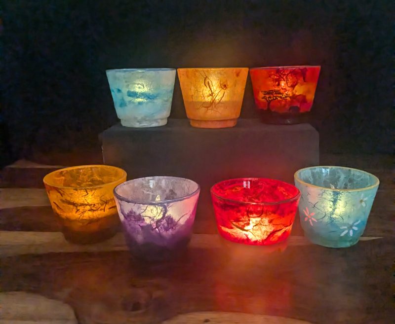 Tea light candle holders. Unique, hand decorated glow pots. Various colours and designs available.