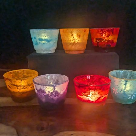 Tea light candle holders. Unique, hand decorated glow pots. Various colours and designs available.