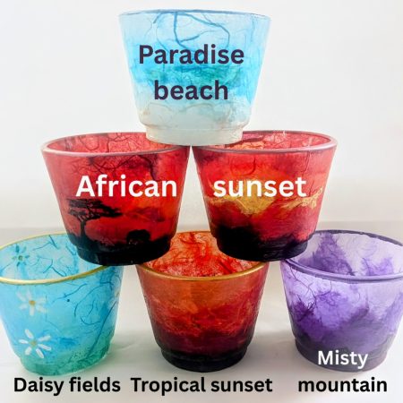 Tea light candle holders. Unique, hand decorated glow pots. Various colours and designs available.
