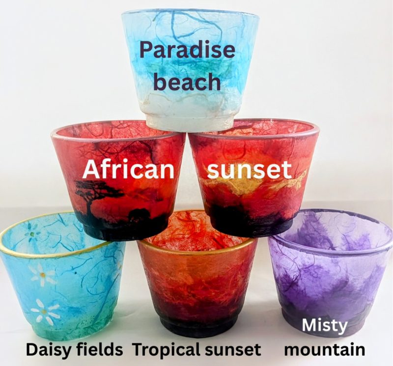 Tea light candle holders. Unique, hand decorated glow pots. Various colours and designs available.