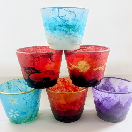 Tea light candle holders. Unique, hand decorated glow pots. Various colours and designs available.