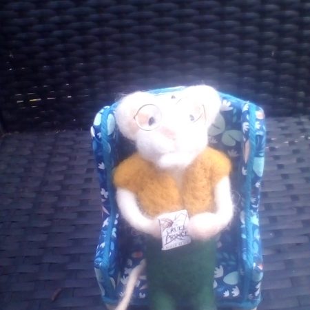 needle felted mouse relaxing in his chair