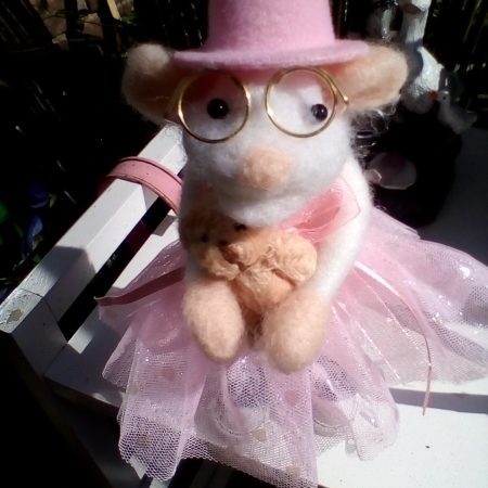 lovely needle felted marie mouse dressed in her sunday best with her teddy bear