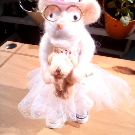 needle felted olivia mouse with her little teddy bear